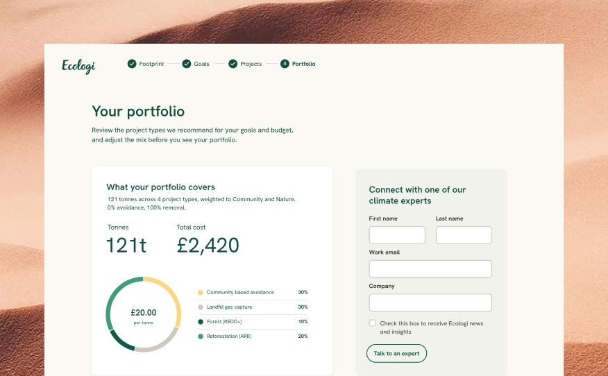 The portfolio screen: what your portfolio covers with tonnes, total cost and a chart, beside a form to connect with one of our climate experts